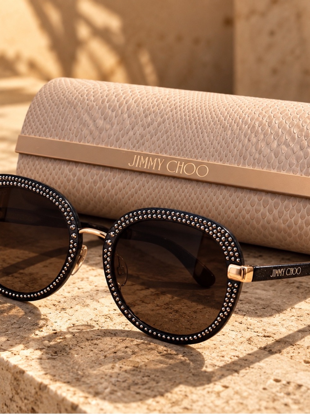 Jimmy Choo Black and Gold Crystal-Trim Round Sunglasses